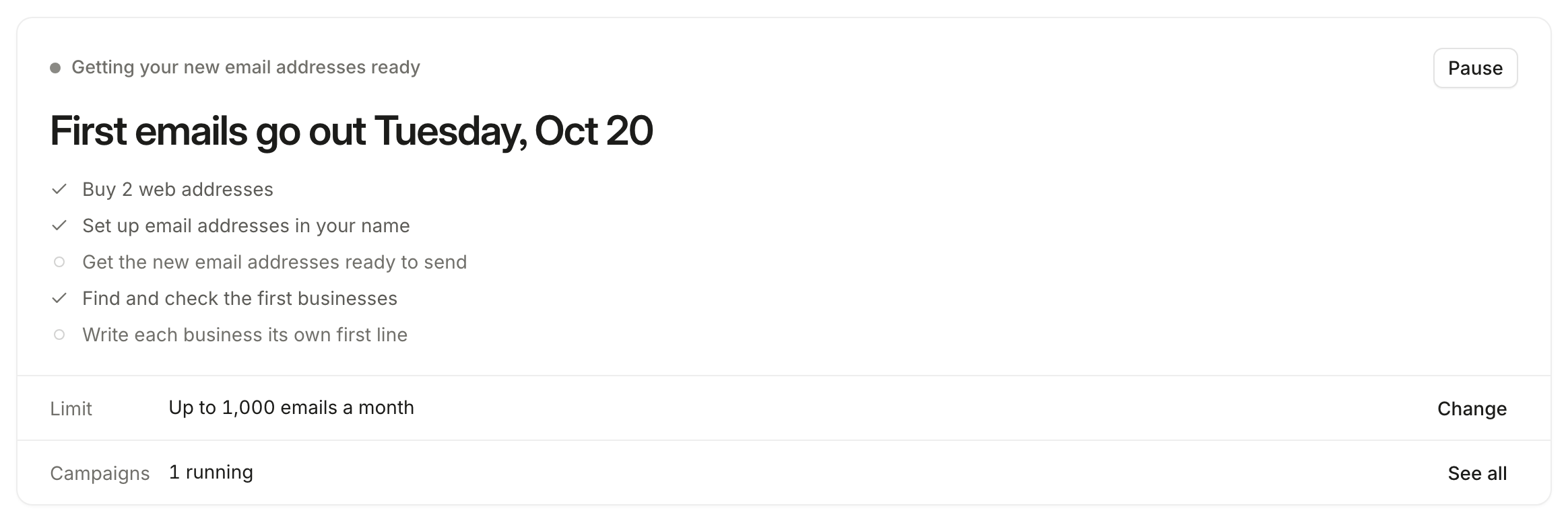 The status card while the new addresses get ready: the day the first emails go out and a checklist