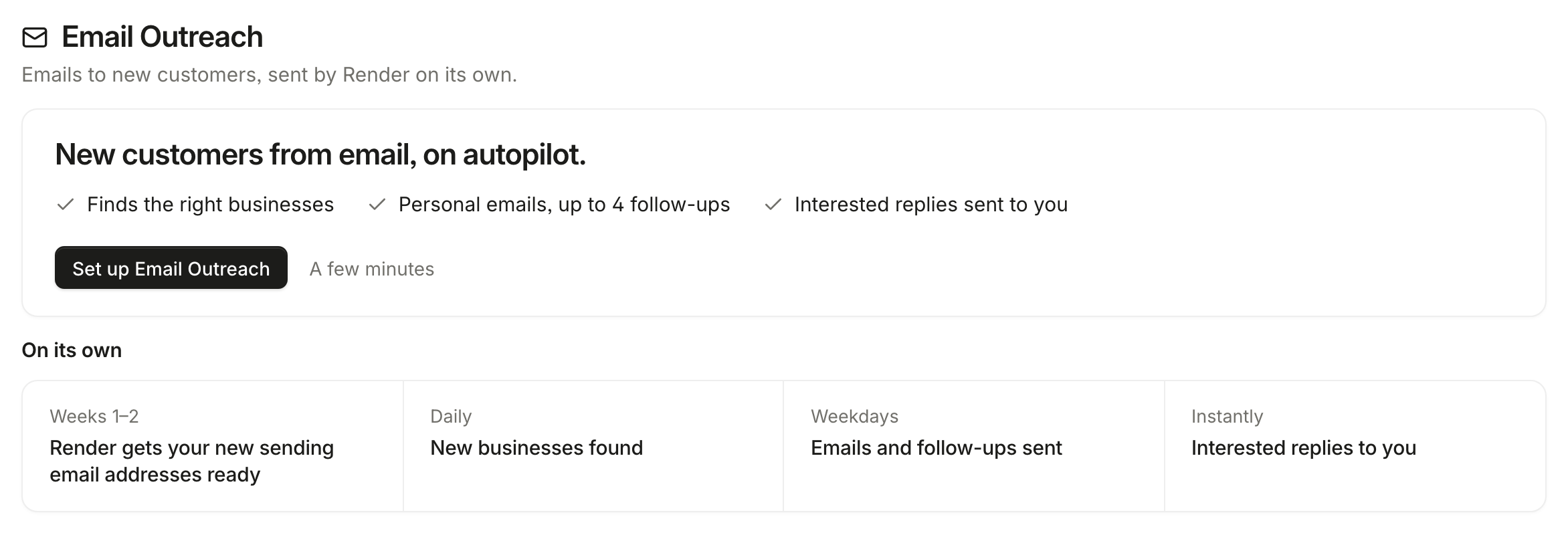 Email Outreach before it’s set up: what it does, the Set up Email Outreach button, and what Render does on its own