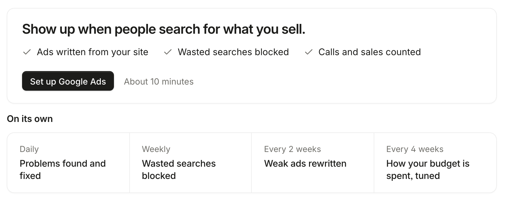 The Google Ads page before setup: “Show up when people search for what you sell”, “Set up Google Ads”, about 10 minutes, and what Render does on its own, from daily to every 4 weeks.