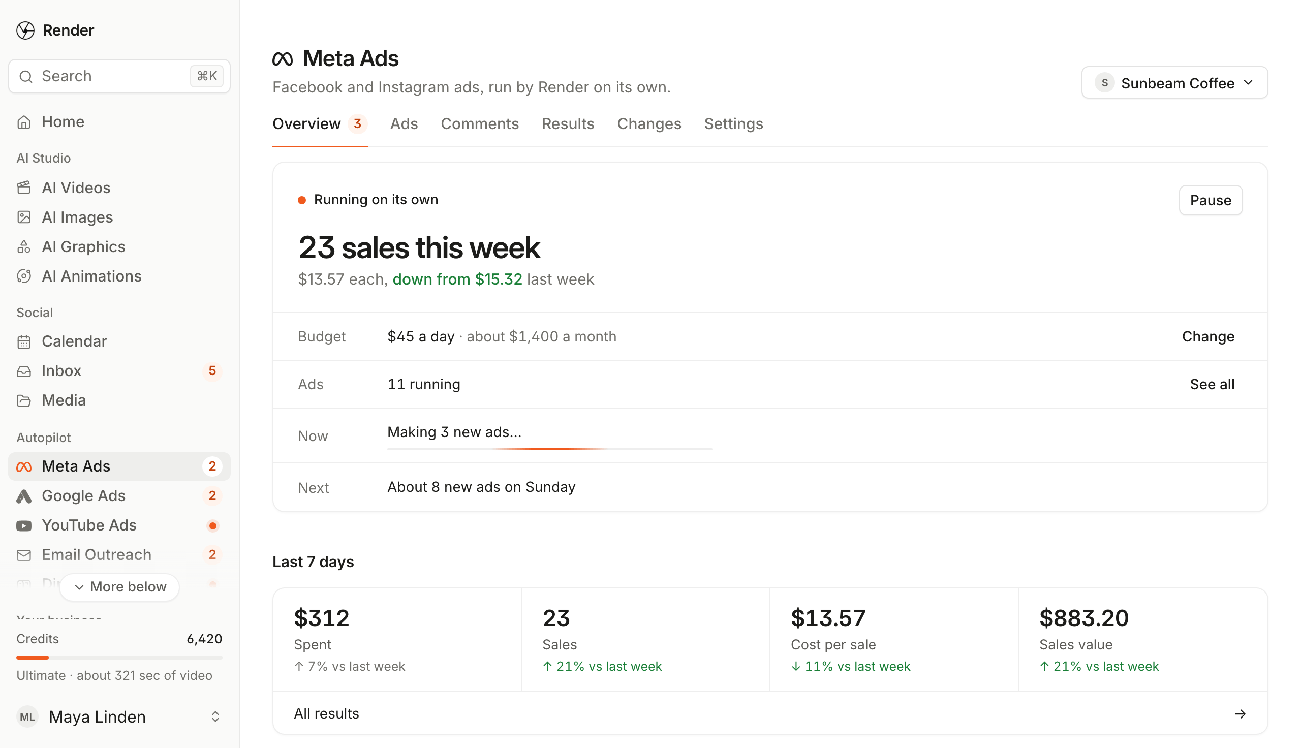 The Meta Ads page for Sunbeam Coffee: the tabs, the status card and the last 7 days